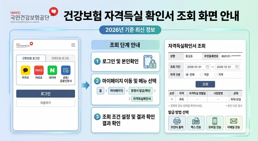 국민건강보험공단 로고 또는 건강보험료 자격득실 확인서 조회 화면 안내