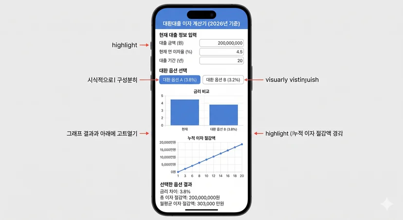 모바일 앱 화면의 대환대출 금리 비교 및 이자 절감액 예시 그래프