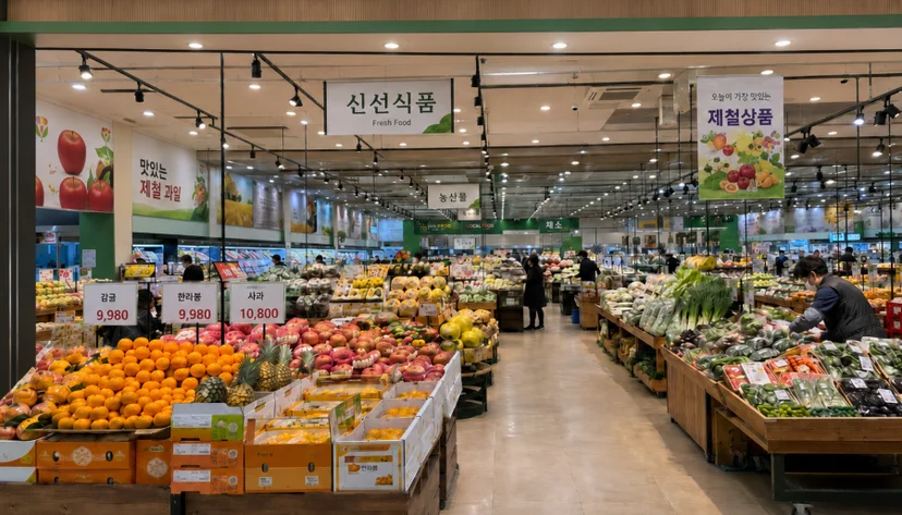 마트 매대에 신선식품이 다양하게 진열되어 있는 모습