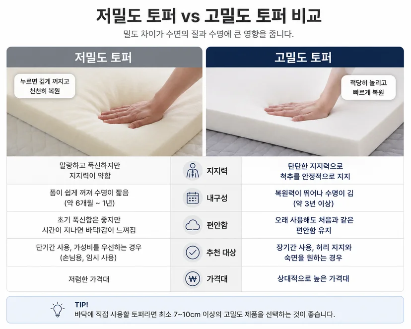 고밀도 메모리폼과 저밀도 메모리폼 소재 비교