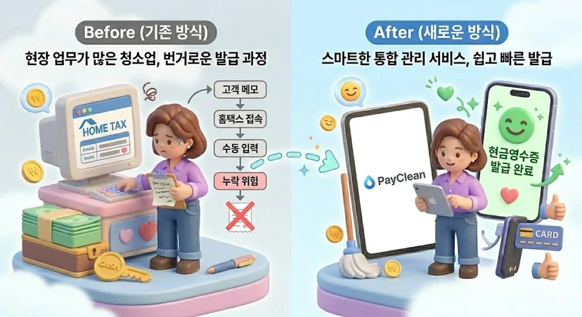 입주청소 현금영수증 발급 방식을 비교한 3D 일러스트