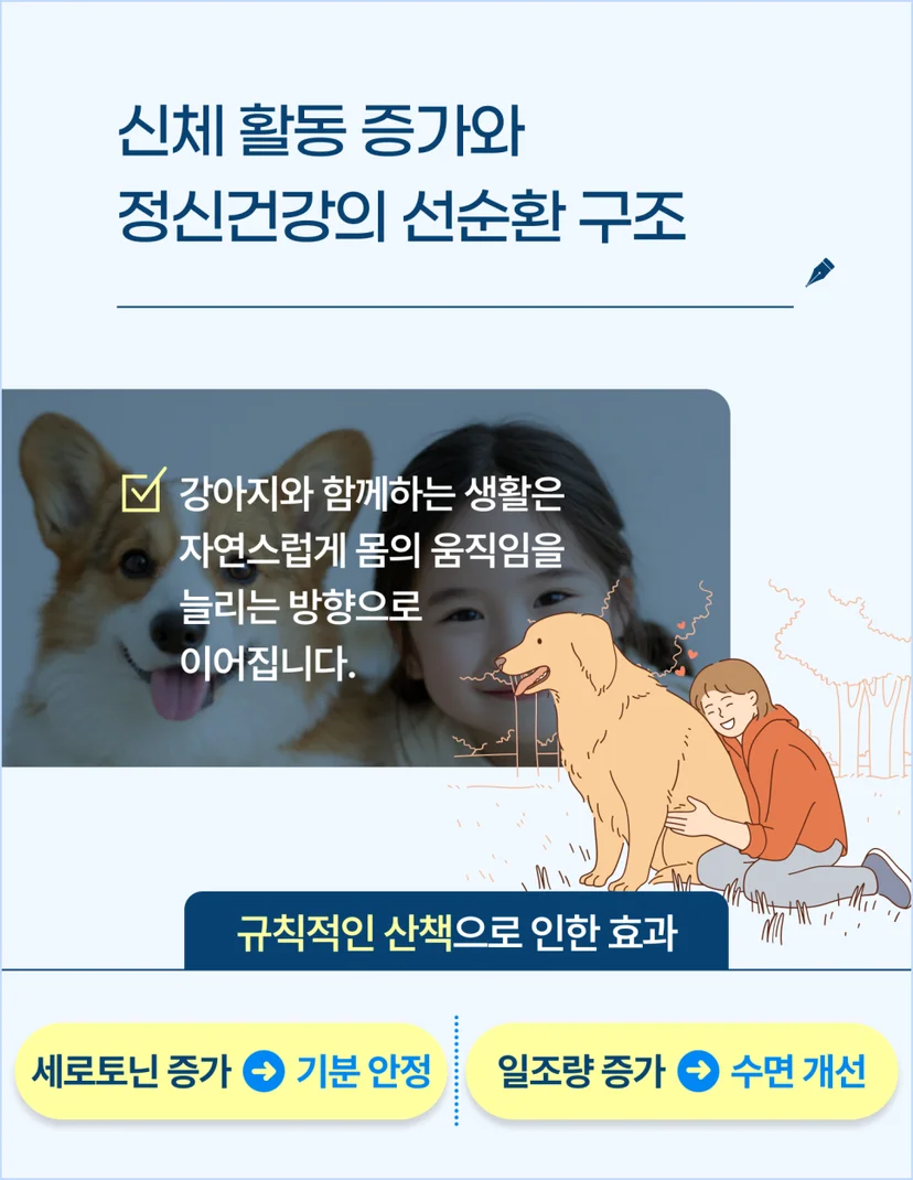 반려견은 신체 활동과 정신건강에 선순환 구조를 가져다 줍니다