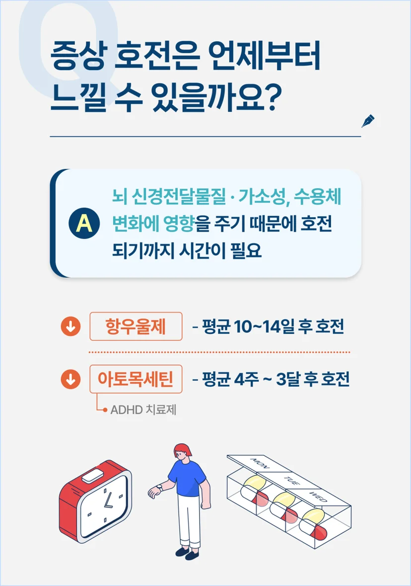 정신과 약을 복용하고 증상 호전은 언제부터 느낄 수 있을까요?