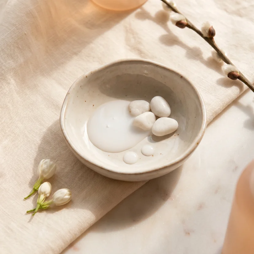A rustic ceramic dish containing a pool of milky white toner with small white stones resting in it, placed on folded linen beside white jasmine buds and a willow branch with catkins, lit by warm natural light on a marble surface