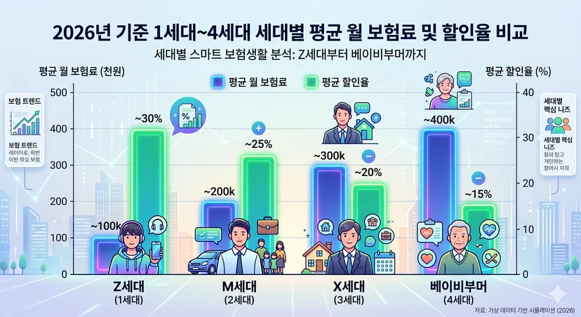 1세대부터 4세대까지 세대별 평균 월 보험료 및 할인율 비교 바 차트