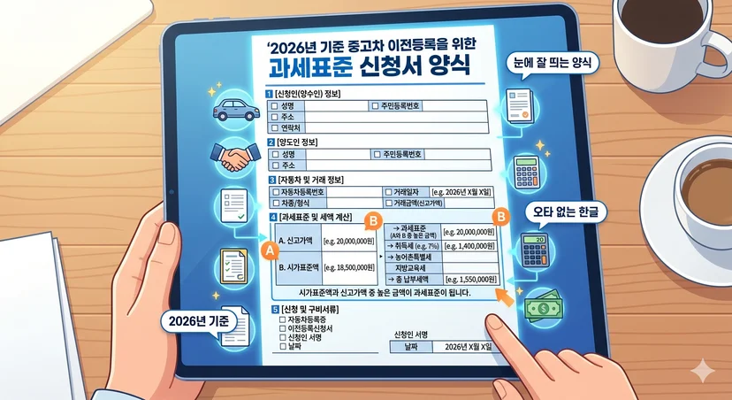 중고차 이전등록을 위한 과세표준 신청서 양식