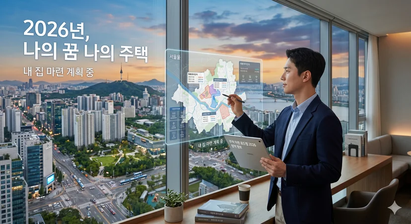 고층 건물에서 도시를 내려다보며 주택 마련을 계획하는 사람의 모습