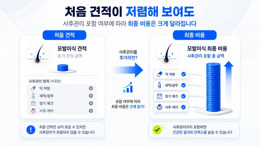모발이식 처음 견적이 저렴해 보여도 사후관리 항목 포함 여부에 따라 최종 비용은 크게 달라집니다.