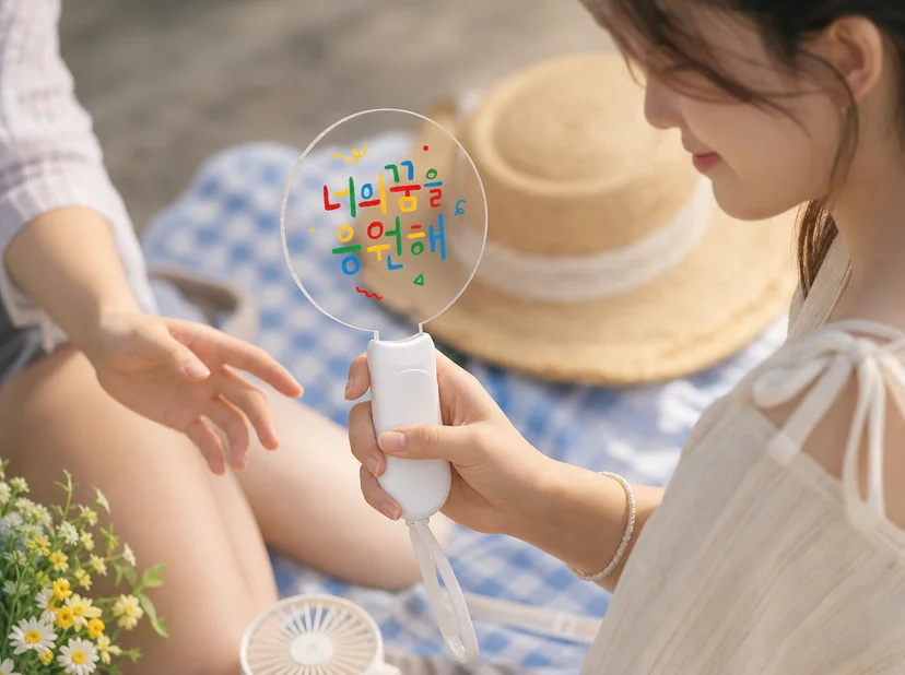 페스티벌에서 LED 응원봉을 들고 응원하는 사람들