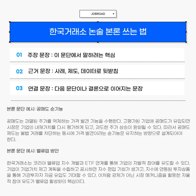 한국거래소 논술 유형 파악법' 안내 이미지입니다. 논술 유형 확인 방법으로 '문제해결형(현황·원인·방안 순, 공매도·밸류업 등)'과 '견해제시형·찬반형(입장 명시 후 근거·방안 제시, 가상자산·가상인간 등)'을 분류하고 있습니다. 하단에는 '논제가 요구하는 항목 수 확인'의 예시로 2024년 공매도 논제(순기능, 역기능, 활성화 방안)를 통해 본론 문단을 나누는 법을 설명합니다