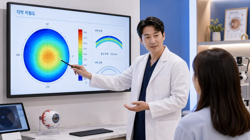 수술 전 각막 지형도 검사와 두께 측정 결과를 의료진과 함께 직접 확인하는 것이, 회복 실패 위험을 낮추는 데 도움이 됩니다.