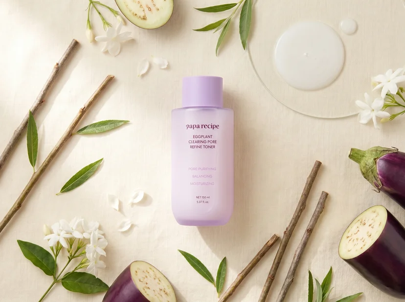 Papa Recipe Eggplant Clearing Pore Refine Toner 150ml bottle lying flat on a linen surface, surrounded by halved eggplants, white jasmine flowers with leaves, willow bark sticks, and a clear milky toner puddle on the upper right
