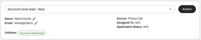 A prospect with no unit attached shows as an "Account-level lead" in the Command Center, with an Address tag to match.