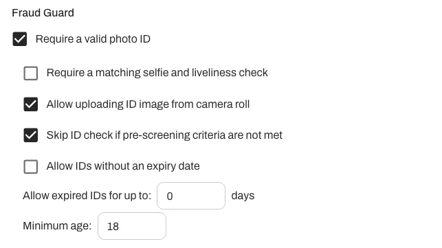 Uncheck "Allow uploading ID image from camera roll" to require a live photo instead.
