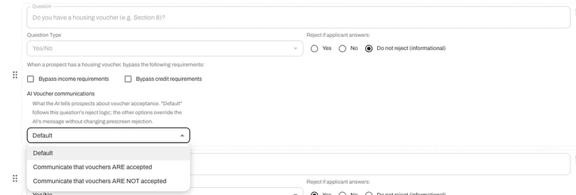 Set what the AI tells prospects about voucher acceptance independently of your prescreening logic.