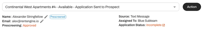 Prescreening status and application status are now both visible at a glance in the prospect card, on desktop and mobile.