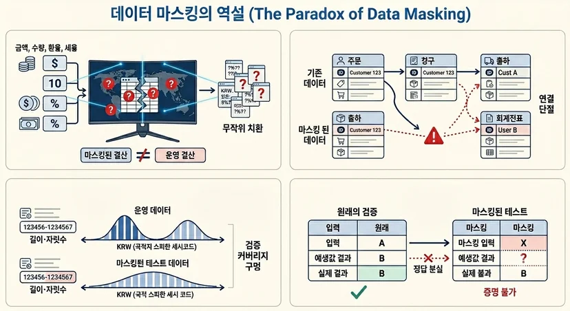 검증하는 프로세스 1-4를 이미지로 표현한것.첫번째 이미지는 모니터 화면에는 데이터들이 실제 운영데이터가 맞지 않음을 표현. 두번째는 SAP 업무 프로세스들이 마스킹된데이터 일때에 연결이 단절된다는 이미지. 세번째는 굴곡이 있는 그래프로 검증 커버리지가 낮음을 표현. 네번째로 두개의 표가 있고 마스킹된 테스트 데이터는 증명이 불가 하다고 쓰여있음.