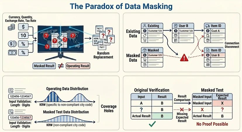 There are four sections in this image: Illustration of a monitor screen showing that the displayed data does not match actual production data. Illustration showing SAP business process flows becoming disconnected when the data is masked. A curved, uneven line graph illustrating low validation coverage. Two comparison tables with a note stating that masked test data cannot serve as proof of validation.