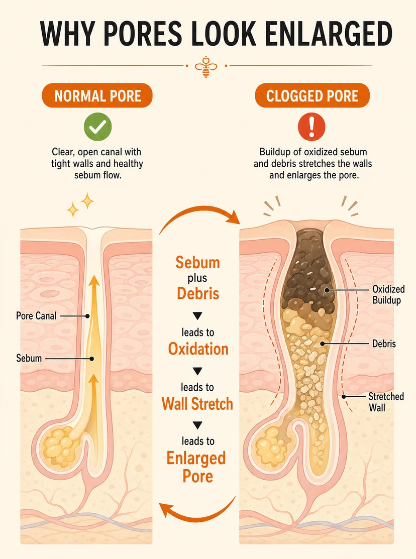 Infographic titled "Why Pores Look Enlarged" comparing a normal pore and a clogged pore with cross-section illustrations — normal pore shows a clear open canal with tight walls and healthy sebum flow, while clogged pore shows oxidized buildup, debris, and stretched walls, with a center panel explaining that sebum plus debris leads to oxidation, then wall stretch, then an enlarged pore