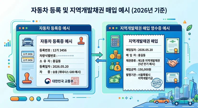 자동차 등록 및 지역개발채권 매입 영수증 예시