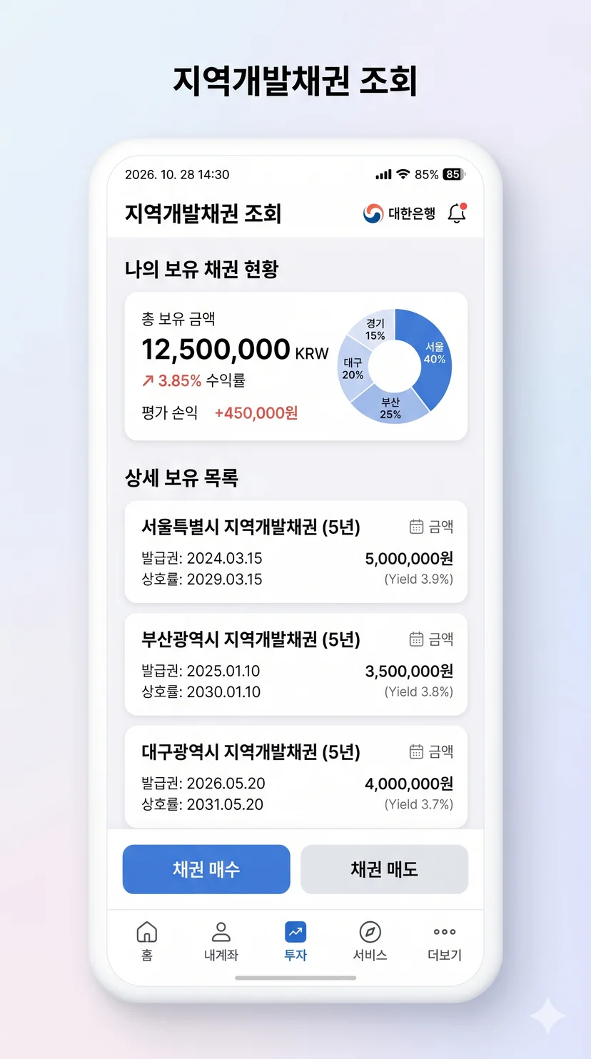 모바일 은행 앱 내 지역개발채권 조회 메뉴 화면