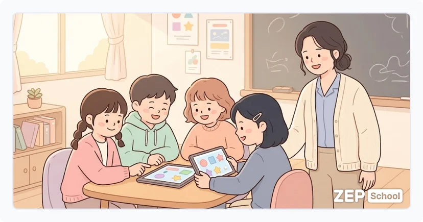 초등 교실 책상에서 태블릿으로 모둠 협력 활동을 하는 학생들과 옆에서 미소 지으며 관찰하는 선생님
