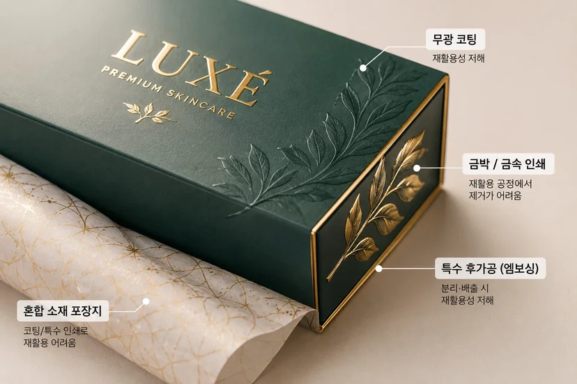 재활용성을 저해하여 친환경 패키지 전환이 필요한 혼합 소재 외박스·포장지 