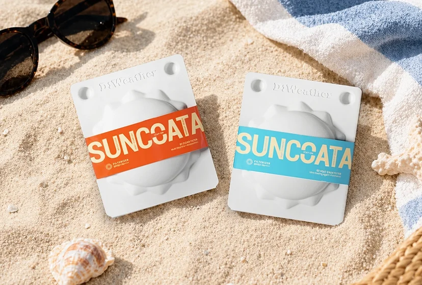 리스튜디오가 제작한 페이퍼몰드 기반 D:Weather(디웨더) SUNCOATA SUN BLOCK PACKAGING(선코타 선블록 패키지)