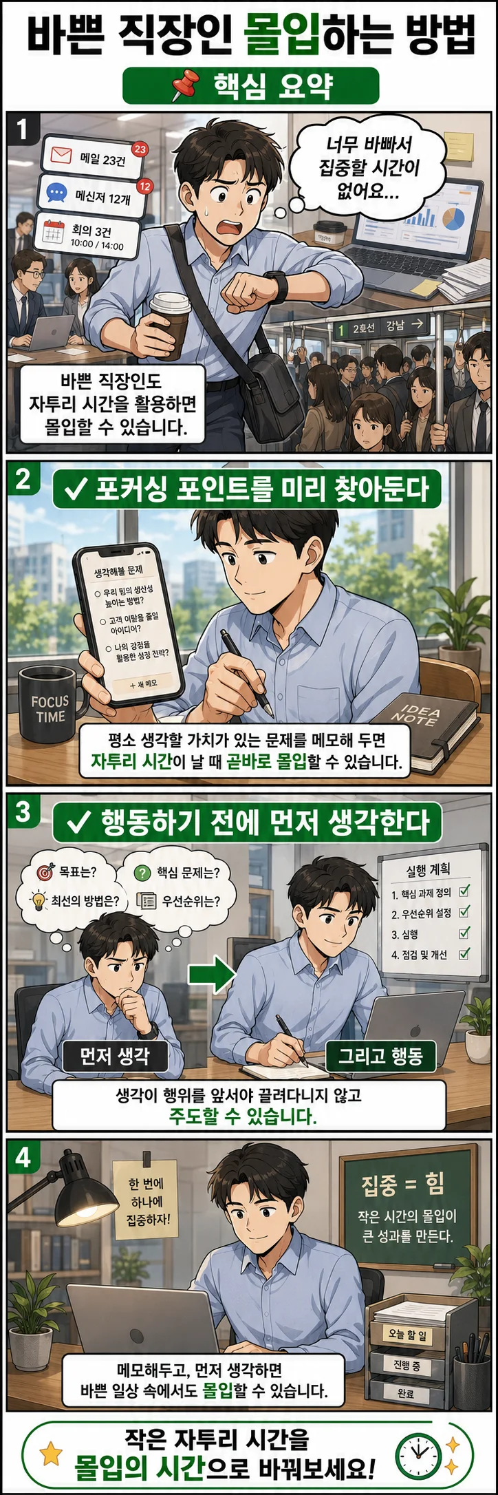 세로형 웹툰 스타일 인포그래픽. 제목은 “바쁜 직장인 몰입하는 방법”. 초록색 포인트 컬러를 사용한 4컷 구성이다. 1컷에서는 바쁜 직장인이 메일, 메신저, 회의, 출퇴근 인파에 둘러싸여 “너무 바빠서 집중할 시간이 없어요…”라고 말한다. 2컷에서는 같은 인물이 휴대폰 메모장에 ‘생각해볼 문제’를 적으며 “포커싱 포인트를 미리 찾아둔다”는 내용을 보여준다. 3컷에서는 “행동하기 전에 먼저 생각한다”는 주제로, 먼저 목표·핵심 문제·우선순위를 생각한 뒤 실행 계획에 따라 일하는 장면이 나온다. 4컷에서는 정돈된 책상에서 한 번에 하나에 집중하며 일하는 모습과 함께 “작은 시간의 몰입이 큰 성과를 만든다”는 메시지를 전달한다. 하단에는 “작은 자투리 시간을 몰입의 시간으로 바꿔보세요!”라는 문구가 강조되어 있다.
