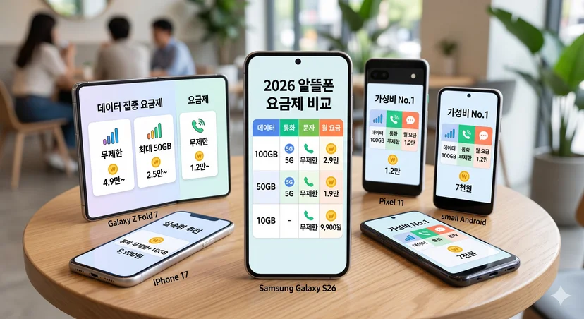 다양한 스마트폰 화면에 알뜰폰 요금제 비교표