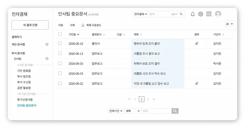 다우오피스HR 전자결재 인사팀 부서 문서함. 괴롭힘 대응 문서 5건이 정리된 화면