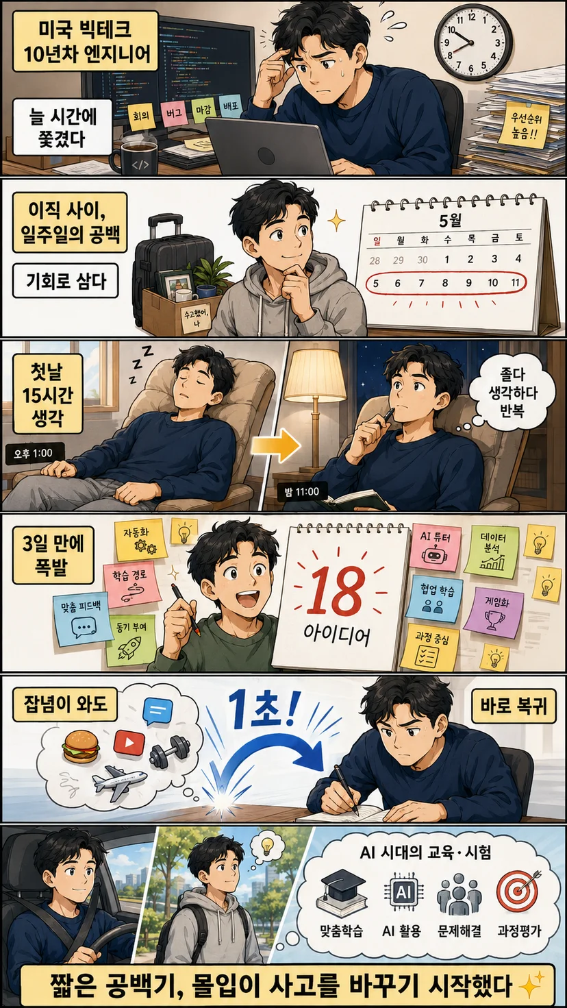 미국 빅테크에서 10년 가까이 일해 온 30대 엔지니어가 일주일 강한 몰입을 하며 18개의 아이디어를 만들어내는 과정을 설명하고 있다.