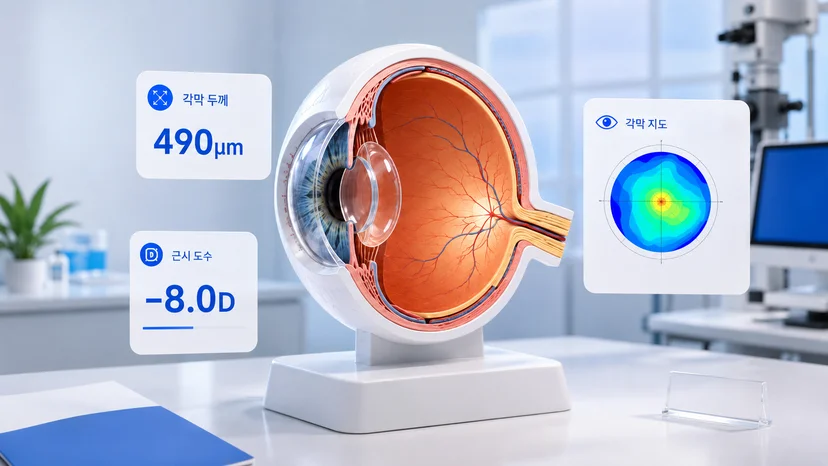 스마일라식 수술 적합 여부를 결정하는 각막 두께, 근시 도수 등 정밀검사 기준 항목 일러스트