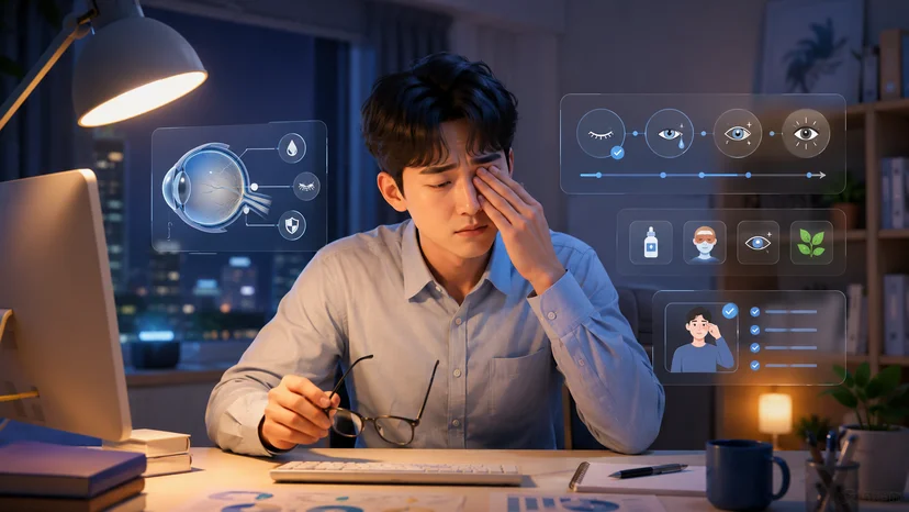스마일라식 수술 후 눈 불편감을 느끼며 걱정하는 사람의 3D 일러스트