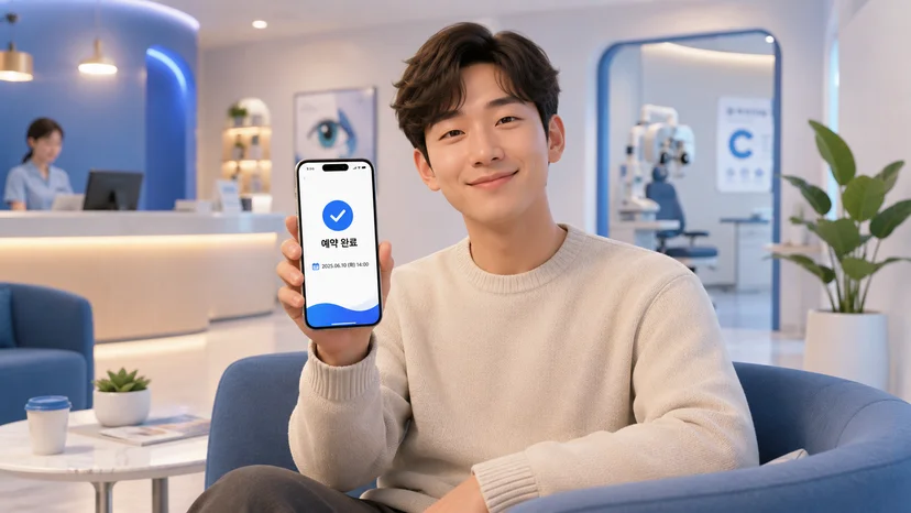 스마일라식 재진 예약 후 안과 대기실에서 안도하는 환자의 3D 일러스트