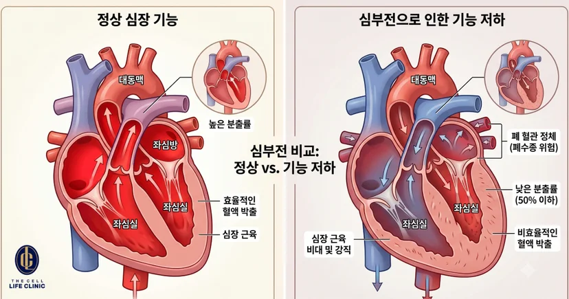 심부전을 표햔한 심장의 기능 일러스트인데 정상적인 부분과 기능 저하되는 부분을 vs로 표현함