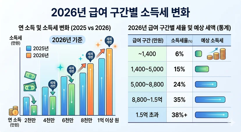2026년 급여 구간별 소득세 변화 그래프 및 통계 차트
