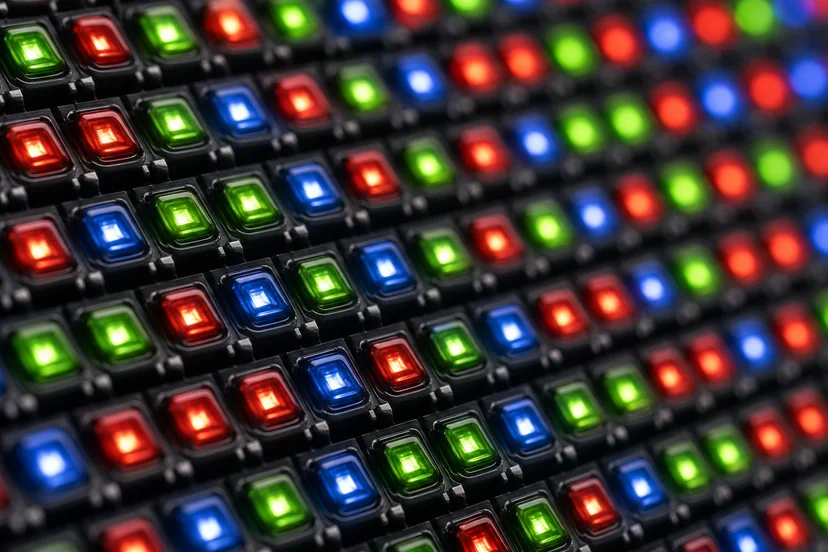  LED 디스플레이 표면의 픽셀(알갱이)을 확대해 RGB 서브픽셀이 보이는 매크로 사진