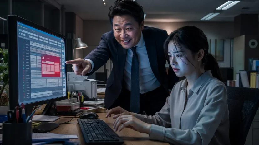 초기 ERP 시스템 적응 및 입력 과정에서 데이터 정합성 오류로 인해 곤란해하는 경리 직원과 이를 지시하는 상사의 모습을 나타낸 사무실 이미지