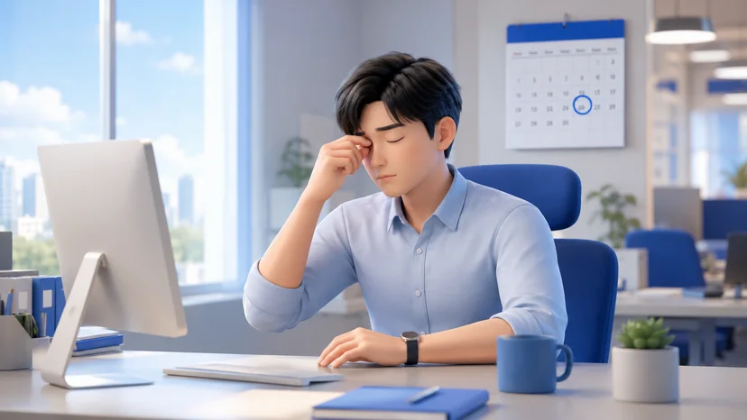 스마일라식 수술 후 모니터 앞에 앉아 눈을 비비는 직장인 일러스트