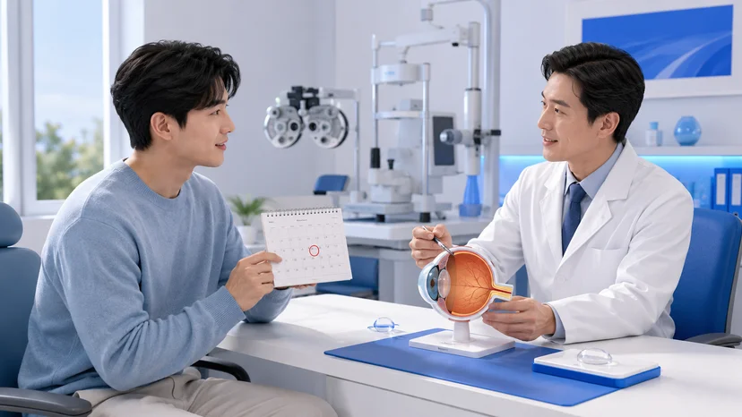 스마일라식 수술 전 안과 상담에서 직장 복귀 일정을 조율하는 장면 일러스트