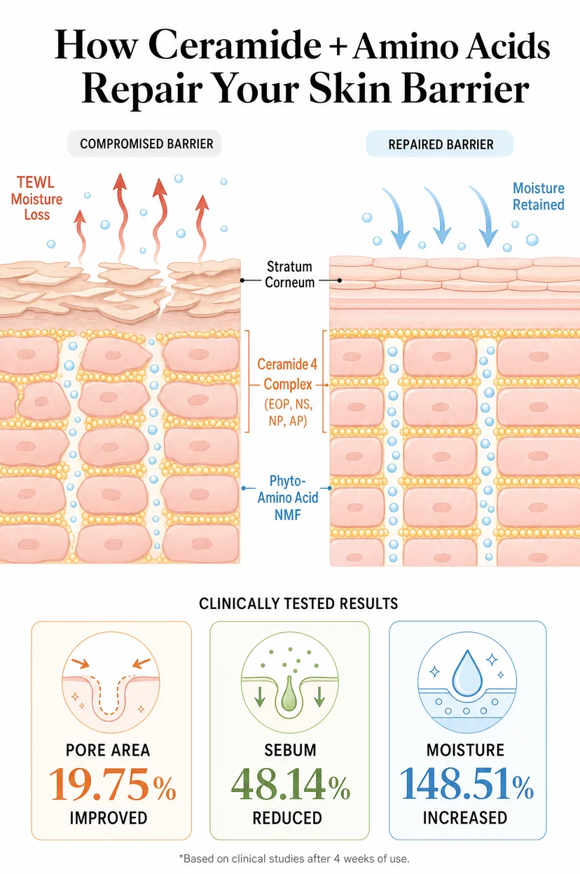 Infographic titled "How Ceramide + Amino Acids Repair Your Skin Barrier" showing two cross-section skin illustrations side by side — compromised barrier with TEWL moisture loss escaping upward through a cracked stratum corneum, and repaired barrier with moisture retained and locked in — with Ceramide 4 Complex (EOP, NS, NP, AP) and Phyto-Amino Acid NMF labeled as the repairing ingredients, and three clinical results below: pore area 19.75% improved, sebum 48.14% reduced, moisture 148.51% increased, based on 4 weeks of use