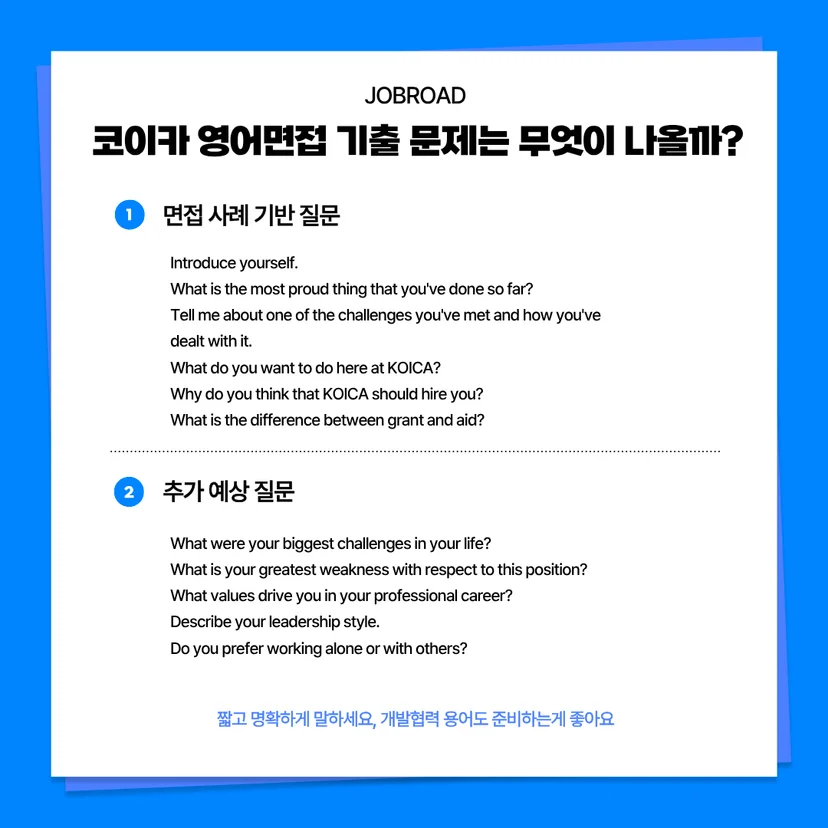 코이카 영어면접 기출 문제는 무엇이 나올까?'라는 제목의 안내 이미지입니다. 1번 면접 사례 기반 질문으로 Introduce yourself, What is the most proud thing that you've done so far?, Tell me about one of the challenges you've met and how you've dealt with it, What do you want to do here at KOICA?, Why do you think that KOICA should hire you?, What is the difference between grant and aid?가 적혀 있습니다. 2번 추가 예상 질문으로 인생의 역경, 직무 약점, 직업 가치관, 리더십 스타일, 협업 성향에 관한 5가지 영어 질문이 수록되어 있습니다. 하단에는 '짧고 명확하게 말하세요, 개발협력 용어도 준비하는게 좋아요'라는 팁이 적혀 있습니다.