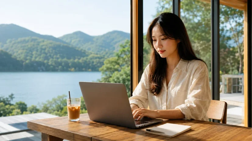 호수가 보이는 휴양지에서 노트북으로 원격 근무하는 직장인