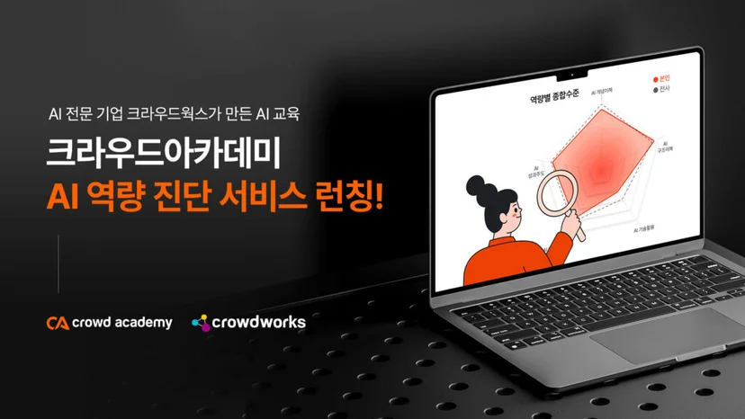 AI 전문 기업 크라우드웍스가 만든 AI 교육 크라우드아카데미 AI 역량 진단 서비스 런칭! 문구와 역량별 종합수준 대시보다 보이는 노트북 이미지