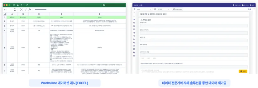 왼쪽에는 Excel 형식의 WorksOne 데이터셋 예시가,
오른쪽에는 데이터 전문가용 태깅 솔루션 화면이 나란히 배치된 이미지.
하단에는 “WorksOne 데이터셋 예시(EXCEL)”와 “데이터 전문가와 자체 솔루션을 통한 데이터 재가공”이라는 문구가 표시되어 있다.