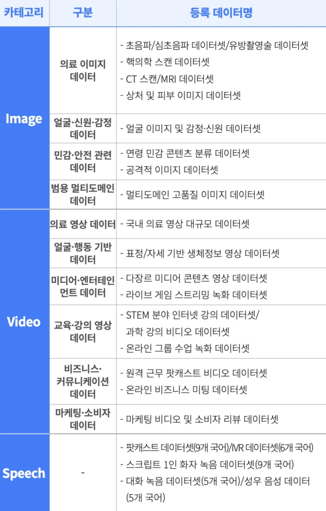 A1 데이터 마켓플레이스의 등록 데이터셋 목록 표.
의료·헬스케어, 언론·문서 처리, 코드·기술, 교통·소비·상권, 교육·학습, 학술·전문지식, 자연어처리(NLP), 오디오 등
분야별 데이터 유형과 세부 예시(의료문서, 뉴스 OCR, 도서, STEM Q&A, 음악 보컬 트랙 등)가 정리되어 있다.