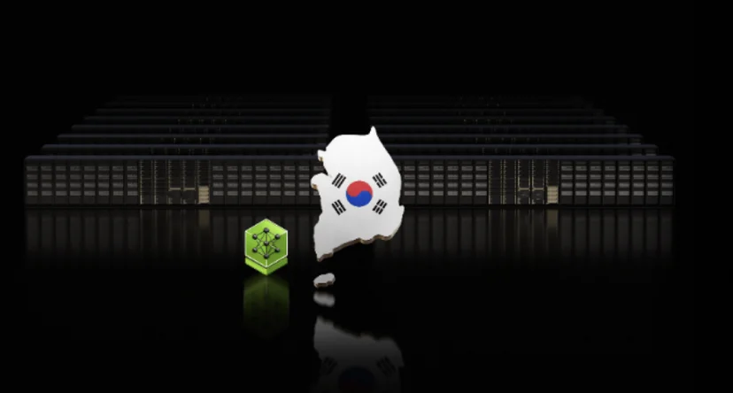 엔비디아 GPU 데이터센터와 한국 지도 일러스트. 엔비디아가 한국 정부 및 주요 기업과 협력해 블랙웰 GPU를 공급하며 피지컬 AI 인프라를 구축하는 모습을 상징.