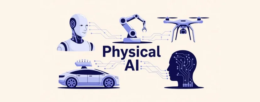 제조 로봇, 드론, 자율주행차 등 현실 세계에서 작동하는 피지컬 AI 개념 일러스트
