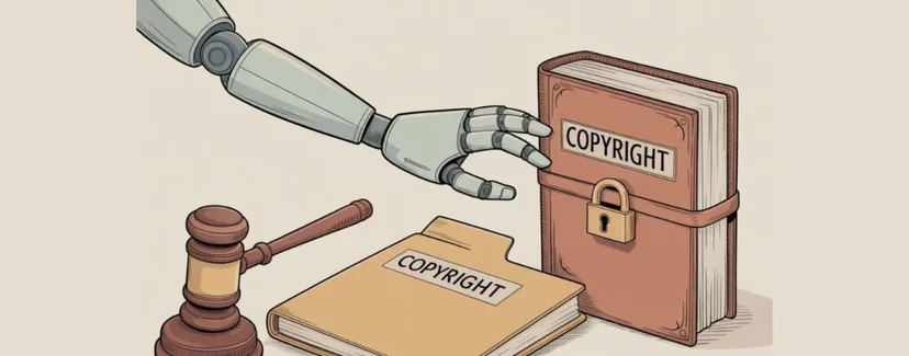 AI 학습 데이터 저작권과 법적 규제를 상징하는 이미지, 로봇 손과 저작권 문서
